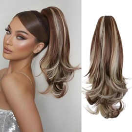 Ponytail Extension 16 Inch Claw Clip Pony Tails Hair Extensions Soft Natural Looking Synthetic Clip in Ponytail Ponytail Extension for Women (Brown with Blonde Highlights)