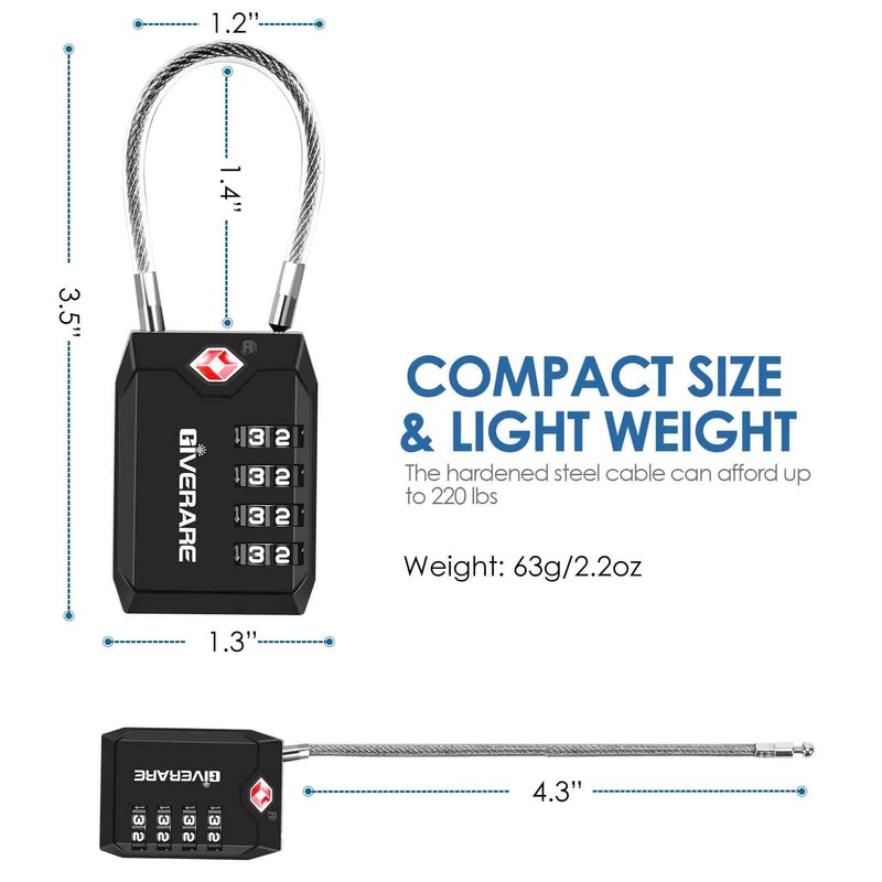 2 Pack TSA Approved Travel Luggage Locks, 4-Digit Cable Combination