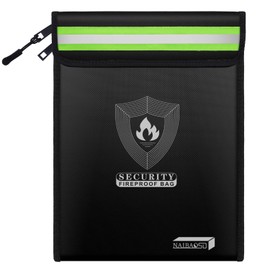 Upgraded Fireproof Document Bag (15.5”x 11.8”) with Reflective Strip, 2 Pockets Fireproof Money Bag Metal Zipper & Strap Fireproof Bag for Documents, Cash,Passport,Jewelry,Valuables