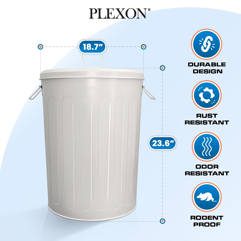 Plexon Galvanized Steel Round Trash Can with Lid Powder Coated