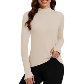 Bonneuitbebe Women's Thermal Shirts Fleece Lined Undershirt Long Sleeve Turtleneck Base Layer Thermal Tops Beige