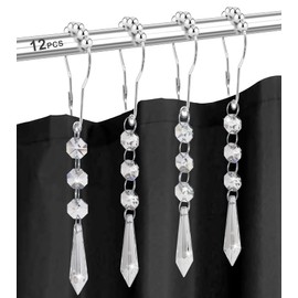 Yapicoco Shower Curtain Hooks Rings for Bathroom, 12PCS Gemstone Crystal Bead Stainless Steel Rust Resistant Clear Shower Curtain Rings for Shower Curtains, Kitchen Utensils, etc.