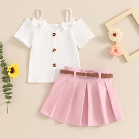 Lucikamy Kids Girls Summer Outfit Short Sleeve Knit Tops + Pleated A-Line Skirts Set Toddler Baby Cute Clothes (Pink, 3-4 Years)