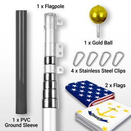 G128 Combo Pack: 20 Ft Telescoping Aluminum Flagpole (Silver) & American and Rhode Island No Golden Border Flags 3x5 Ft, Both ToughWeave Series Embroidered Polyester | Pole with Flags Included