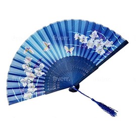 Light Blue Magnolia Floral Patterned Hand Fans Come With Fan Bag, Vintage Silk and Japanese Lace Designs with Bamboo Frames, Handheld Folding Fans Perfect for Weddings, Parties and Church Events