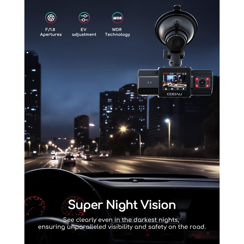 COOAU 2.5K Dual Dash Cam, Built-in GPS & Wi-Fi, 1440P