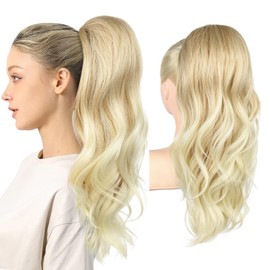 REECHO Ponytail Extension, Drawstring Ponytail Extension Long Wavy Layered Pony Tails Hair Extensions 22inch Natural Fake Ponytail Clip in Synthetic Hairpiece for Women, Golden Blonde and Beach Blonde