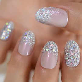 Coolnail Juego completo de uñas postizas holográficas con purpurina degradada plateada, ovaladas, color rosa y desnuda