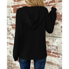 WNEEDU Womens Long Sleeve Tops Waffle Knit Hoodies Drawstring Button V Neck Casual Sweatshirt 2025 New Pullover Black 2XL