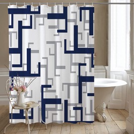 REZAYMRS Geometric Stripe Shower Curtain with 12 Hooks, 72''x72'' Waterproof Polyester Fabric, Quick Dry, Weighted Hem, Modern Shower Curtains for Bathroom, Machine Washable Blue & White