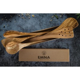 EMNA Olive Wood Cooking Utensils, Kitchen Utensil Set Wood, 5-Piece Kitchen Utensils, Gift Set, Wood, Cooking Spoon, Olive Wood, Unique Kitchen Accessories, Antibacterial, Gift Box, Gift for Christmas
