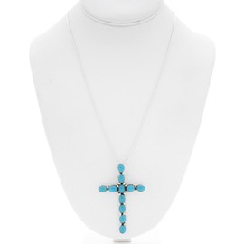 Navajo Blue Turquoise Cross Sterling Unisex Pendant With Silver Bead Necklace 0164