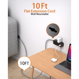 10 FT Black Extension Cord, BESHON Surge Protector Power Strip with 6 Outlets 3 USB Ports(1 USB C), 3-Side Outlet Extender, Flat Plug, Wall Mount for Home, Office, Travel, and Dorm Essential