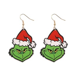 BORFUE Christmas Monster Earrings Novelty Animated Christmas Wooden Pendant Earrings Red Green Christmas Santa Ear Drops Dangle Drop Earrings Xmas Gift for Girls