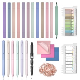 Javoble 25PCS Aesthetic School Supplies, 12PCS Heighlighters, 6PCS Retractable Pen, 1 PCS Black Marker Pen, 3PCS Sticky Notes, 2PCS Colors Mini Lables for Annotating Books for Study Office