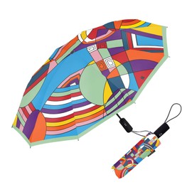 RainCaper Frank Lloyd Wright Windproof Auto Open Close 43” Coverage Folding Travel Umbrella with Matching Sleeve (FLW Hoffman Rug)