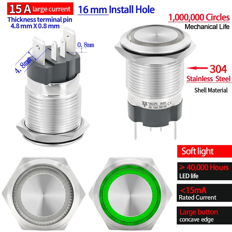 UL Listed 15Amp Latching Push Button Switch 16mm 5/8" Waterproof