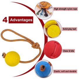 Dog Ball with String, Pack of 2 Throwing Balls with Rope, Durable, Soft and Elastic Solid Rubber Ball for Agility and Extremely Wide Throws, Catching and Pulling War (5 cm, Blue + Yellow)