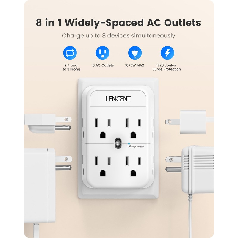 LENCENT 2 Prong Power Strip, 3 to 2 Prong Outlet