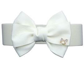 Women Bling Bow Knot Elastic Waist Belt for Dress, Vintage Stretchy Wide Waistband Cinch Belts, White 01, Suit Waist Size:23-38"