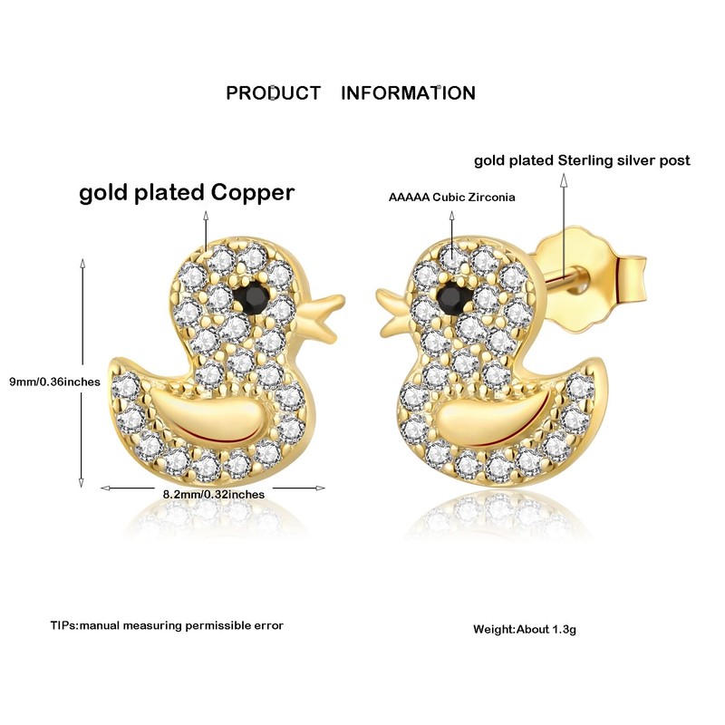 Rofeego Gold Plated Duck Stud Earrings, Cute Duckling Jewelry Gift,