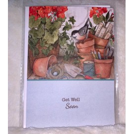 Unbranded Get Well Soon Encouragement Greeting Card Flower Pots Bird by Susan Winget