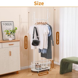 BOOSDEN Metal Clothing Rack with Wheels, Rolling Clothes Racks for Hanging Clothes, Standing Garment Rack with Storage Shelf and 4 Hooks, Clothes Hanger Racks for Bedroom, Closet, Living-room, White
