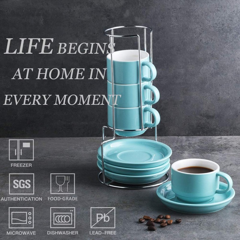 SWEEJAR Porcelain Espresso Cups with Saucers, 4 Ounce Stackable Cappuccino