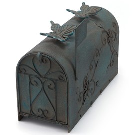 Heavy Duty Galvanized Steel Mailbox Post, Rural Mail Box Postal Storage Box with Butterfly Decoration (Vintage Green)