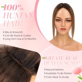 Elailite Hair Topper Real Hair Natural Black Ombre Medium Brown Clip-In Toupee 130% Density 25 cm 36 g Hairpiece Women's Hair Topper Handmade Silk Lace 6 x 15 cm