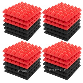 JBER Acoustic Sound Foam Panels, 24 Pack 2" X 12" X 12" Red and Black Soundproofing Treatment Studio Wall Padding Sound Absorbing Fireproof Pyramid