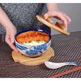 Happy Sales, Japanese Kamameshi Vintage Style Rice Noodle Ramen Bowl with Bamboo Lid Trivet Chopsticks and Porcelain Spoon Bowl Set (BlueWave)
