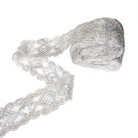 Qililandiy 10 Yards Lace Borders with Sequins Edging Border Ribbon Appliqué 9 m x 5 cm for Clothing Curtain Table Runner DIY Decoration Silver