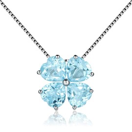 JIANGXIN March Birthstone Aquamarine Pure Sky Light Blue Gemstone 925 Sterling Silver Pendant Necklace for Women Lucky Four Leaf Clover Plant Shamrock Jewelry Birthday Gift for Fianc? Lover