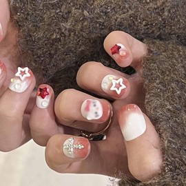 IMSOHOT Press on Nails Short Square Cute Fake Nails with 3D Cartoon Designs Glossy Red Ombre Artificial False Nails Full Cover Glue on Nails 24Pcs Kawaii Kitten Nails for Women Girls