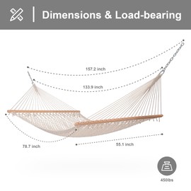 SUNCREAT Hammocks Traditional Rope Double Hammock with Hardwood Spreader Bar and Carrying Bag, 450 lbs Capacity, Natural