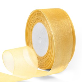 HimBen Gold Sheer Organza Ribbon, 1-1/2 Inch 50 Yard Chiffon Ribbon 1 Roll for Gift Wrapping, Flower Bouquet, Wedding, Mesh Fabric Ribbon for Craft, Sewing, Hair Bows, Birthday Party Decoration