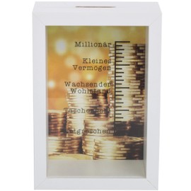 Brandsseller money box, money can, picture frame design with window and scale motifs, millionaire, world travel