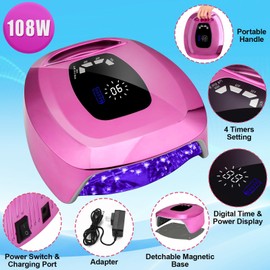 UV LED Nail Lamp Rechargeable,108W Professional Cordless UV Light for Gel Nails,Portable Metallic Nail Dryers with UV Gloves & Nail Kit,Fast Curing Gel Polish Lamp Smart Sensor 4 Timer 35 Lamp Beads