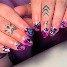 Pink Press on Nails Almond Fake Nails with Designs Astronaut Spaceship Aliens Planet 24 Pcs Reusable Extra Short Oval Gradient Stick on Nail for Women WYFHDT