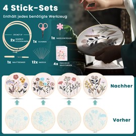Homwiz 4 Embroidery Set Adults, Embroidery Set for Beginners, Floral Pattern Plants Embroidery Kit with 2 Pieces Bamboo Embroidery Hoop, Colour Threads Instructions, Embroidery Set for Children, DIY
