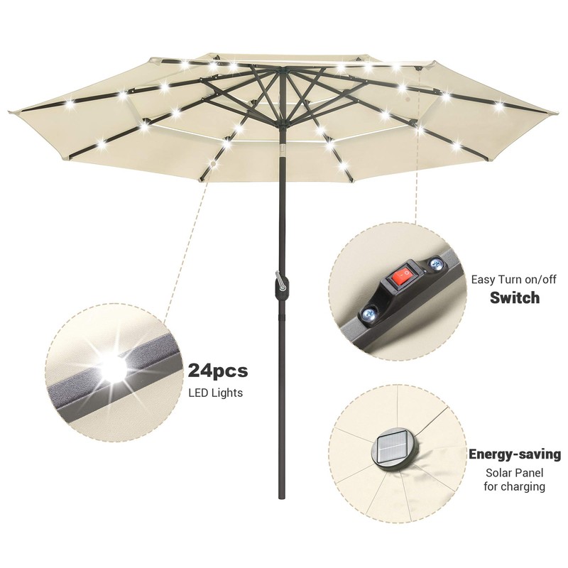 Yescom 9ft 3 Tier UV70+ Solar Powered LED Patio Umbrella
