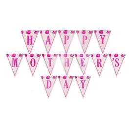 Mothers Day Decorations Bunting Banner, Happy Mothers Day Banner Pink Flower Triangle Bunting Garlands Hanging Decorations for Mothers Day Party Home School Shops Mall Room Door Window Ceiling