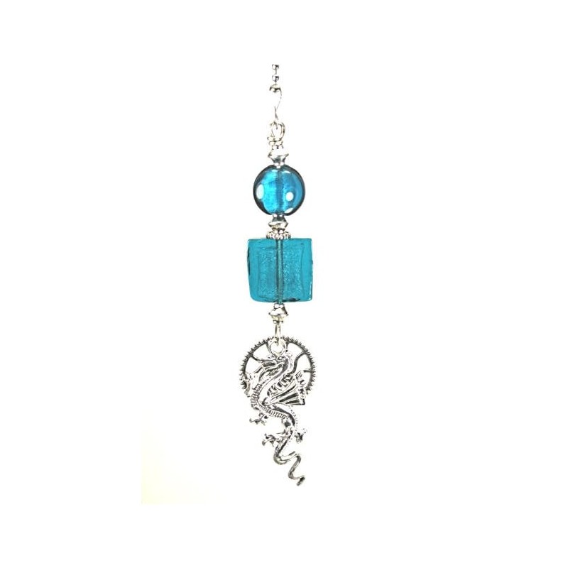 Glass Teal Green-Blue Silver Dragon Ceiling Fan Pull/Light Pull Chain