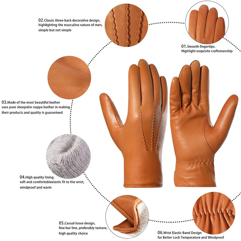 Harssidanzar Leather Gloves For Mens Comfort Cashmere Lined Gloves GMUK006,Tan,