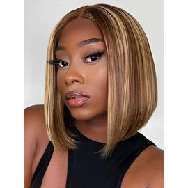 ORIGINAL QUEEN Short Straight Wigs 5x7 Wear and Go OQ Hair Glueless Wigs Human Hair Pre Plucked Pre Cut Pre Bleached Highlight Blonde Bob Straight Wigs for Women 4/27 Color 10Inch