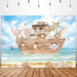 Glawry Noah's Ark Baby Shower Backdrop 7Wx5H Feet Cute Cartoon Ocean Beach Woodland Safari Animal Wood Ocean Summer Newborn Party Decorations Photography Background Photo Booth Studio