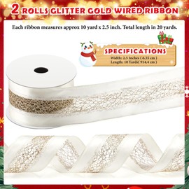 Yuxung 20 Yards 2.5 Inch Christmas Wired Gold Ribbon Satin with Glitter Mesh Lace Middle for Christmas Tree Bows, Wreaths, Gift Wrapping, Crafts, and Home Decor(White and Champagne)