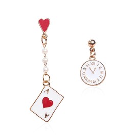 Peasimy Asymmetric Poker Clock Pearl Heart Earrings Unique Mismatched Stud Earrings for Women Trendy Vintage Style Statement Jewelry, Large, Metal, No Gemstone