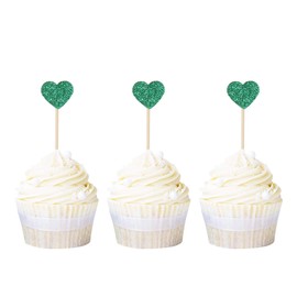 Ercadio Heart Cupcake Toppers Glitter Love Theme Cupcake Picks Decorations for Sweet Wedding Bridal Shower Birthday Party Supplies 40 PCS Green